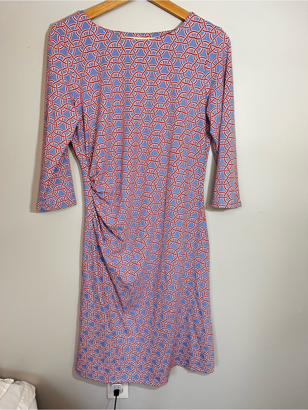 J McLaughlin Red Blue Geometric Print 3/4 Sleeve Ruched Dress Women’s Medium